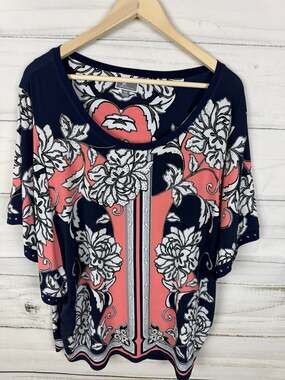 JM Collection Navy & Coral Floral Studded Sleeve Top, Size XXL